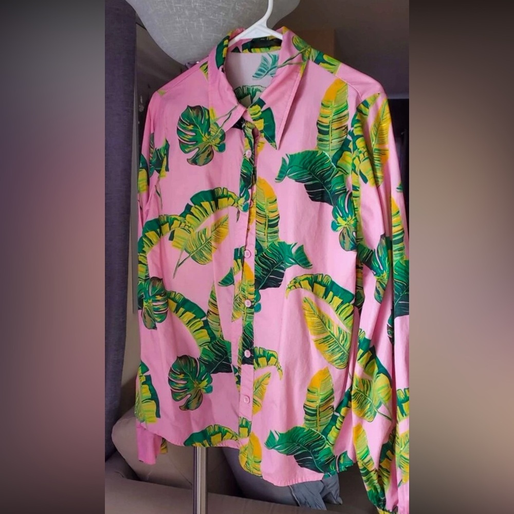 Cotton Leaf Tropical Print Pink Green Oversized Shirt Lantern Sleeve Button - Picture 8 of 10